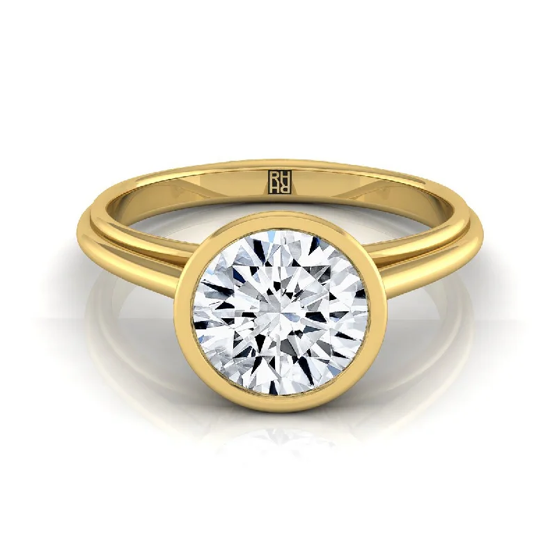 engagement rings with twisted bands-18K Yellow Gold Round Brilliant  Bezel Halo Cathedral Solitaire Engagement Ring