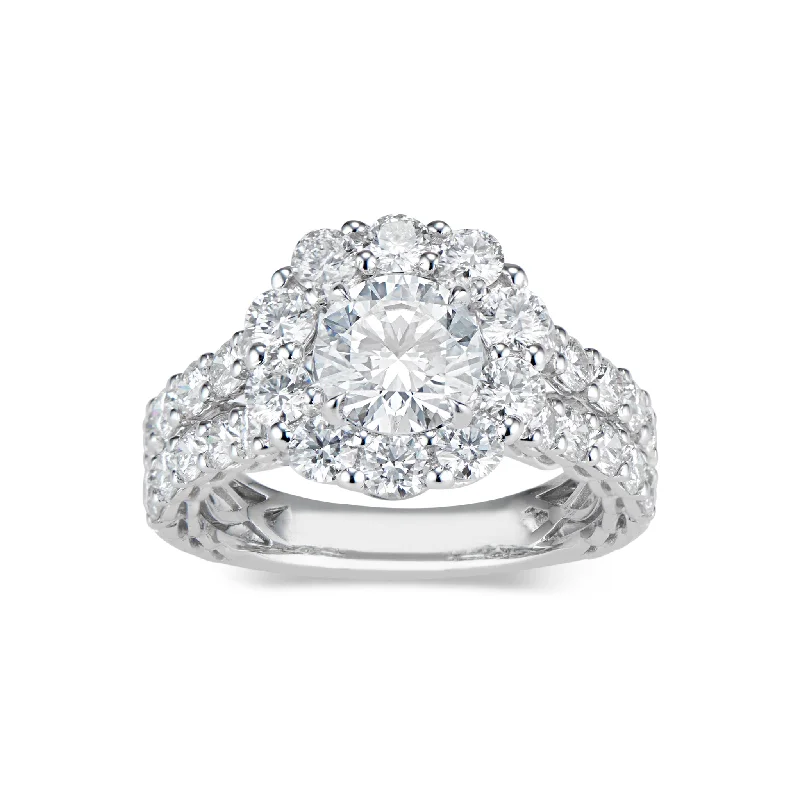 engagement rings with multi-stone designs-Round Halo Diamond Engagement Ring with Prong-Set Diamond Shank