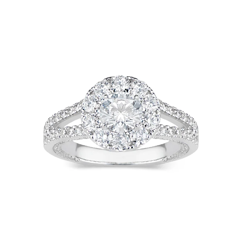 women’s promise rings with engravings-Round Halo Diamond Engagement Ring with Split Shank