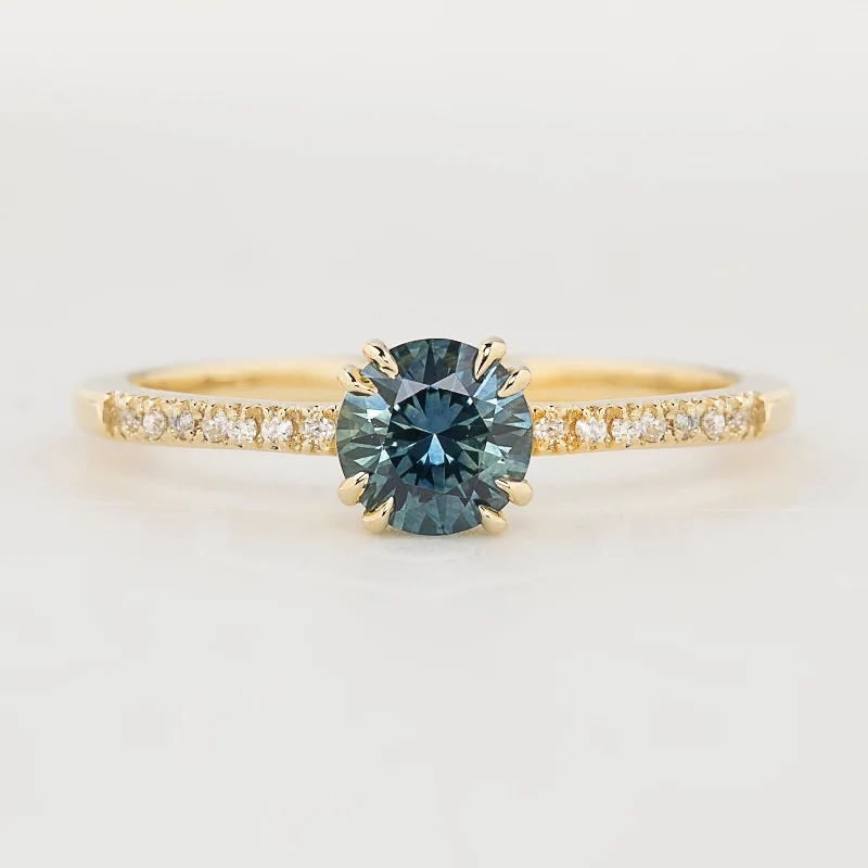 platinum rings for women with diamonds-Sabrina Ring 0.71ct Blue Green Round Montana Sapphire, 14k yellow gold (One of a kind)