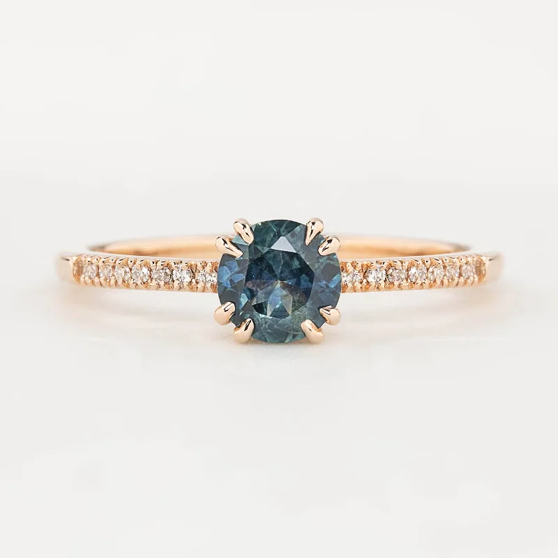 gemstone wedding bands for women-Sabrina Ring 0.76ct Teal Blue Round Montana Sapphire, 14k Rose Gold (One of a kind)