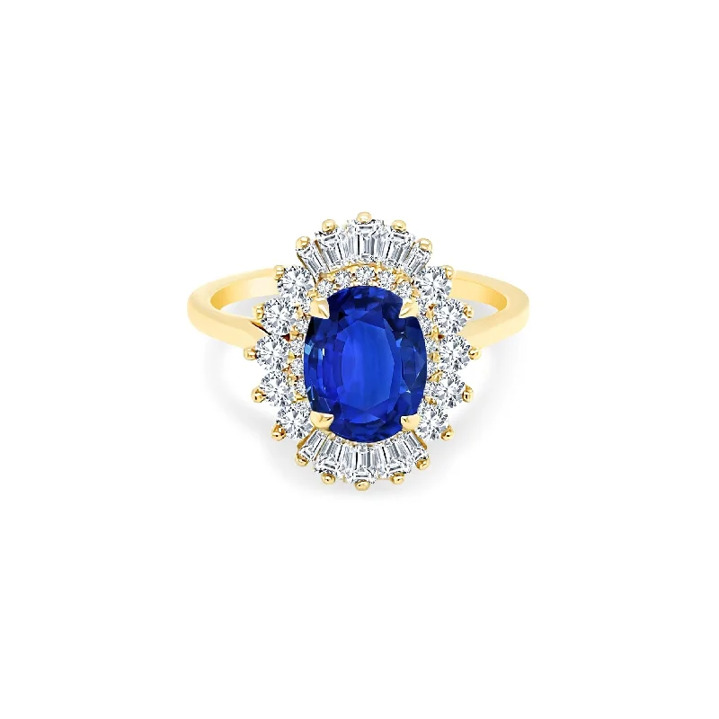 wedding rings for men with colorful gemstones-Oval Cut Sapphire with Sunburst Halo