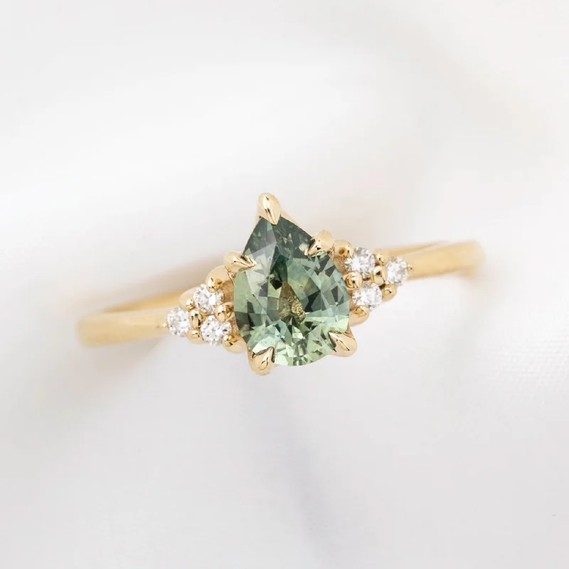 antique-inspired wedding rings-Teresa Ring Light Green Montana Sapphire, 14k Yellow Gold (One of a kind)