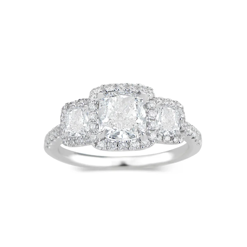 vintage-style wedding rings for women-Three-Stone Cushion Halo Diamond Engagement Ring