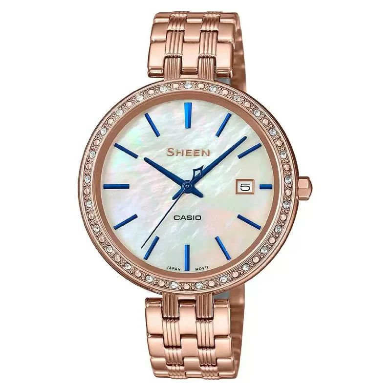 luxury watches with platinum case-Casio Sheen Blue Mother-Of-Pearl Dial Women 36mm