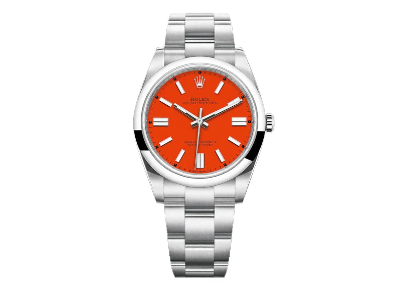 watches with fitness and sleep tracking for seniors-Rolex Oyster Perpetual 41mm 124300 Oystersteel Coral Red Dial