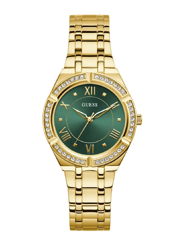 men’s watches with hybrid design combining analog and digital features-Gold Cosmo Green Crystal Watch