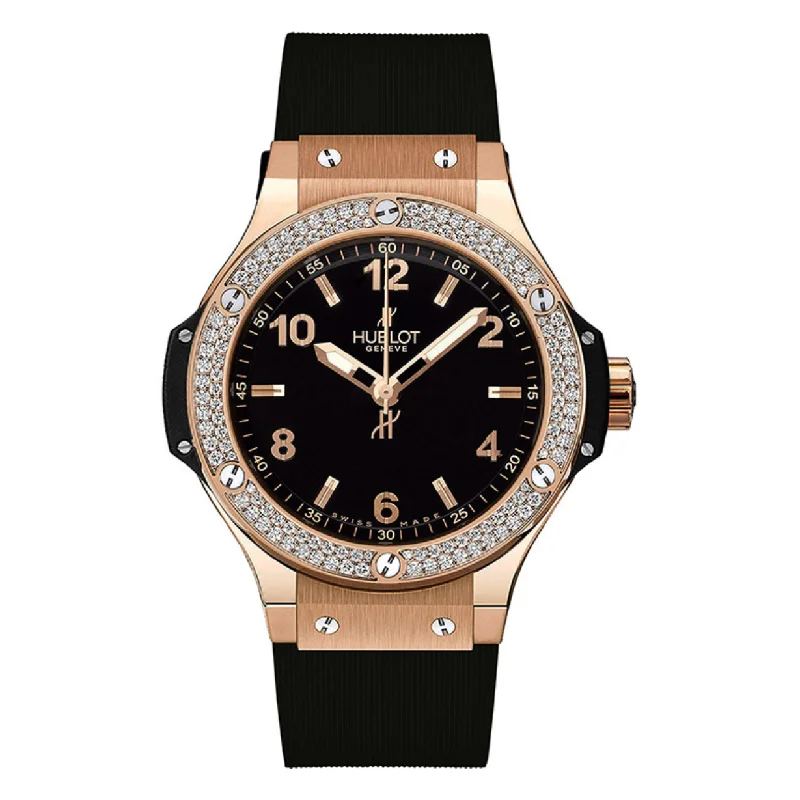 fitness smartwatches with sleep cycle and stress monitoring-Hublot Big Bang Gold Diamonds Matte Black Dial Women's Watch 38 mm