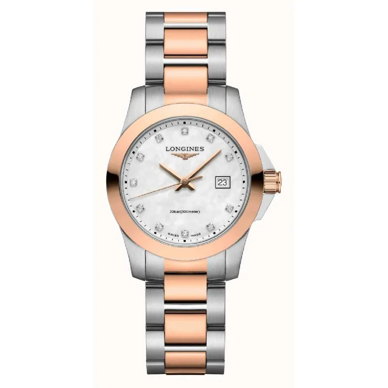 stylish fitness watches for women with color display-Longines Conquest White Mother-Of-Pearl Dial Women 29.5mm