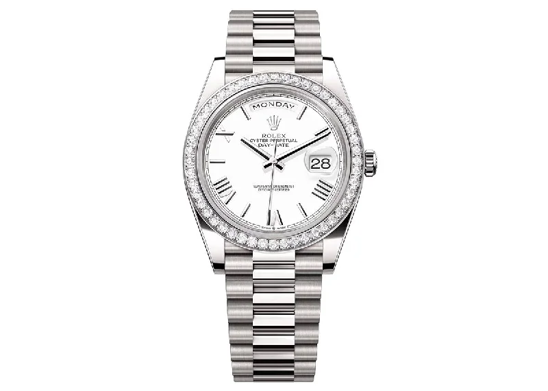 watches for athletes with step counter-Rolex Day-Date 40mm 128235 White Gold President Diamond Bezel White Dial