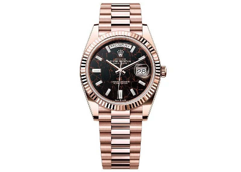 best watches for keeping track of time zones-Rolex Day-Date 40mm 228235 Everose Gold President Eisenkiesel Baguette Dial