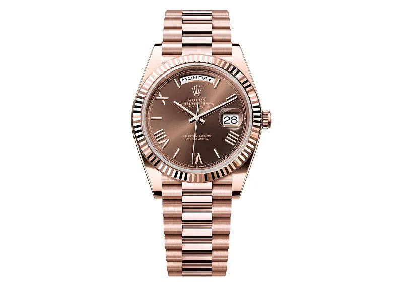 rugged waterproof watches for extreme conditions-Rolex Day-Date 40mm 228235 Rose Gold President Chocolate Dial