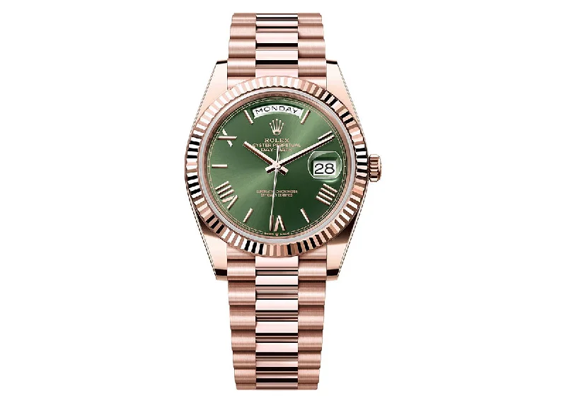 stylish women’s smartwatches with fitness functions-Rolex Day-Date 40mm 228235 Rose Gold President Olive Green Roman Dial