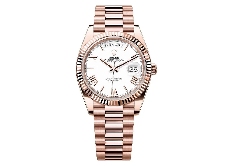 stylish watches for business casual outfits-Rolex Day-Date 40mm 228235 Rose Gold President White Roman Dial