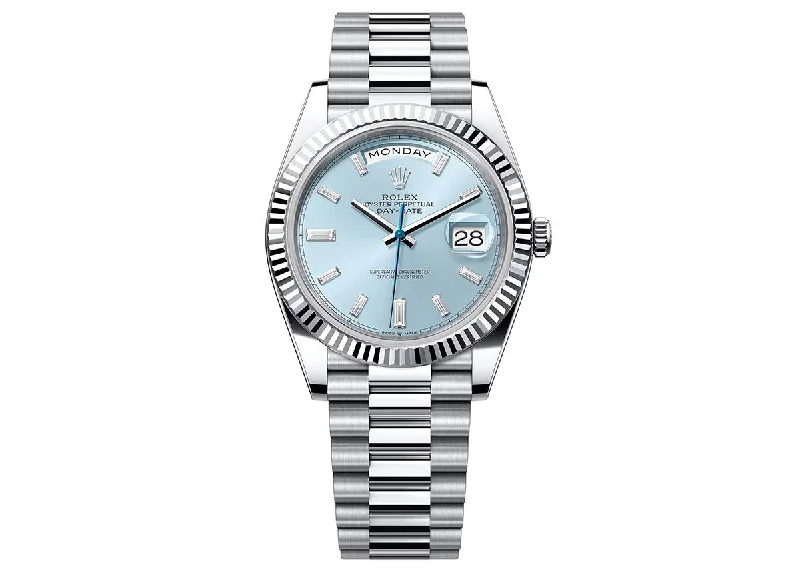 watches with Swiss movement for accuracy-Rolex Day-Date 40mm 228236 Platinum President Baguette Ice-Blue Dial