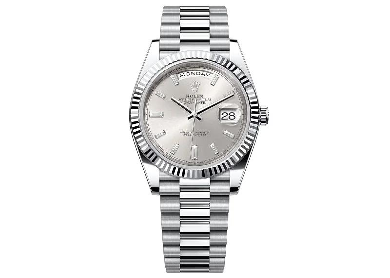 watches with glow-in-the-dark hands-Rolex Day-Date 40mm 228236 Platinum President Baguette Silver Dial