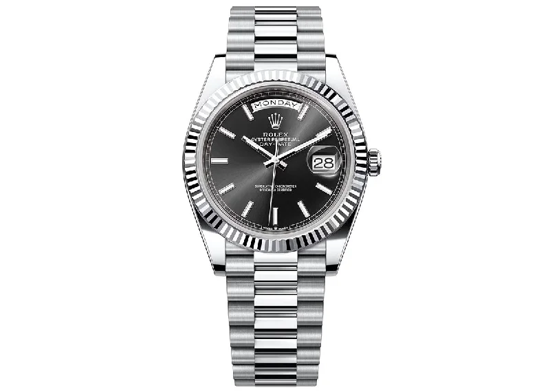 sport watches with pulse monitoring for women-Rolex Day-Date 40mm 228236 Platinum President Fluted Bezel Black Dial