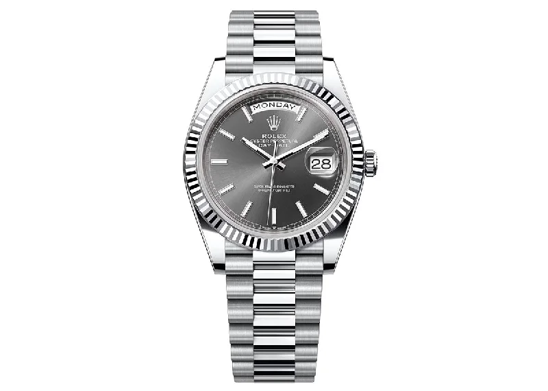 vintage-inspired wristwatches with automatic movement-Rolex Day-Date 40mm 228236 Platinum President Fluted Bezel Grey Dial