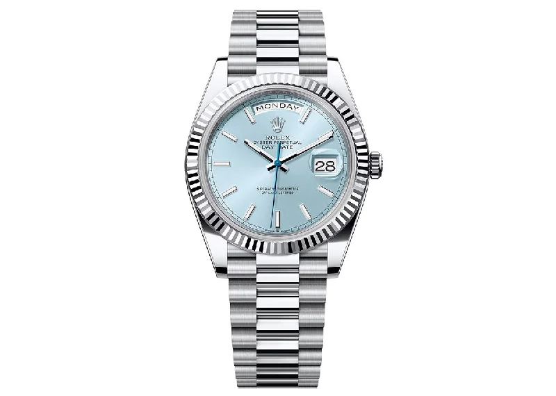 women’s watches with minimalist dial design-Rolex Day-Date 40mm 228236 Platinum President Fluted Bezel Ice-Blue Dial