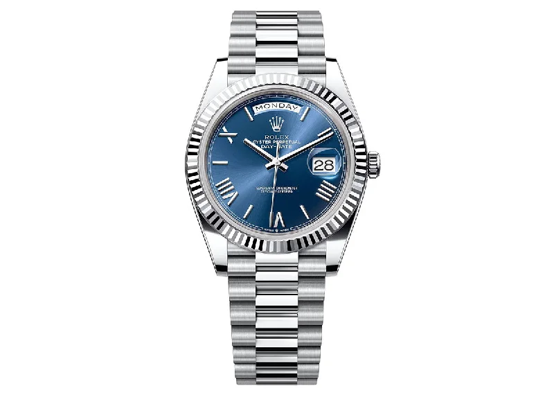 smartwatches with body temperature sensor-Rolex Day-Date 40mm 228236 Platinum President Fluted Bezel Blue Roman Dial