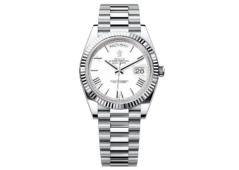 luxury watches with sapphire crystal glass-Rolex Day-Date 40mm 228236 Platinum President White Roman Dial