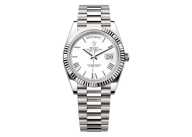 smartwatch for swimmers with lap counter-Rolex Day-Date 40mm 228238 White Gold President White Roman Dial