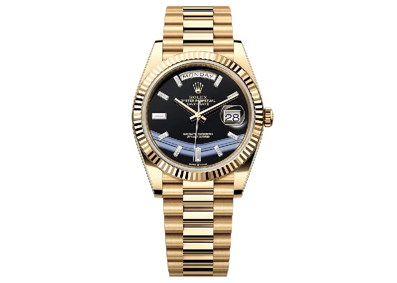 watches for athletes with GPS and heart rate sensor-Rolex Day-Date 40mm 228238 Yellow Gold President Black Onyx Baguette Dial