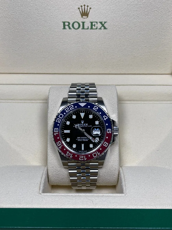 watches with water-resistant features for deep sea diving-Rolex GMT-Master II 40mm 126710BLRO Pepsi Oystersteel Jubilee Black Dial