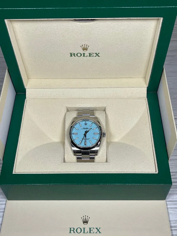 watches with shockproof casing for sports use-Rolex Oyster Perpetual 41mm 124300 Oystersteel Turquoise Blue Dial