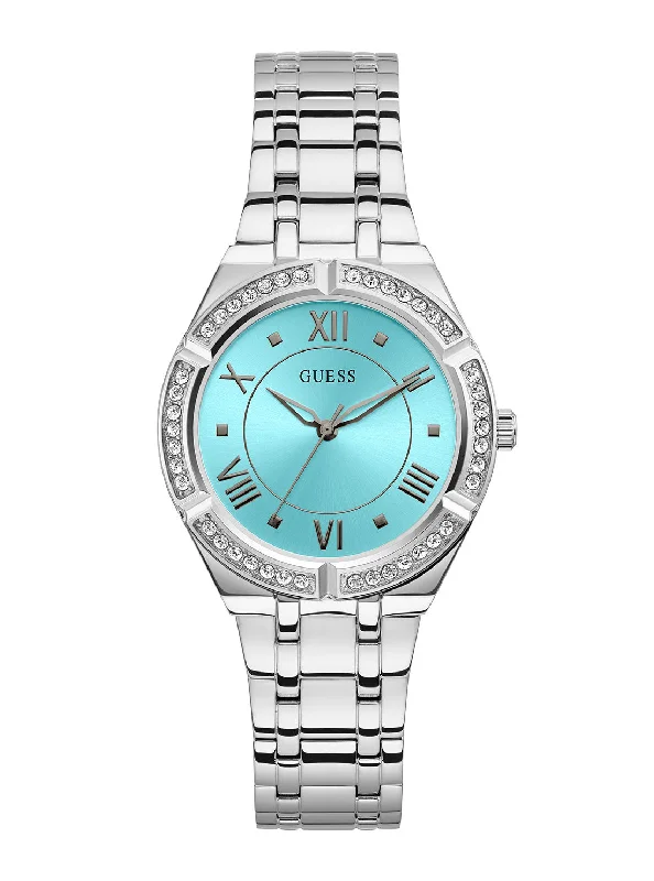 watches with rotating bezels for functional style-Silver Cosmo Aqua Crystal Watch