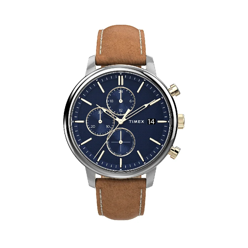 vintage leather strap watches for men with retro appeal-Timex Chicago Chronograph 45mm Leather Strap Watch TW2U39000