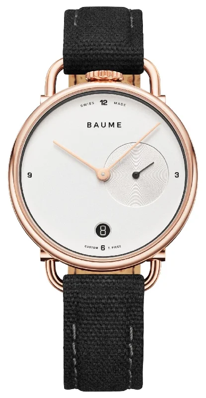 sports watches for women with activity tracker-Baume & Mercier Baume Rose Gold PVD Silver Dial Black Cotton Strap Date Quartz Mens Watch M0A10687