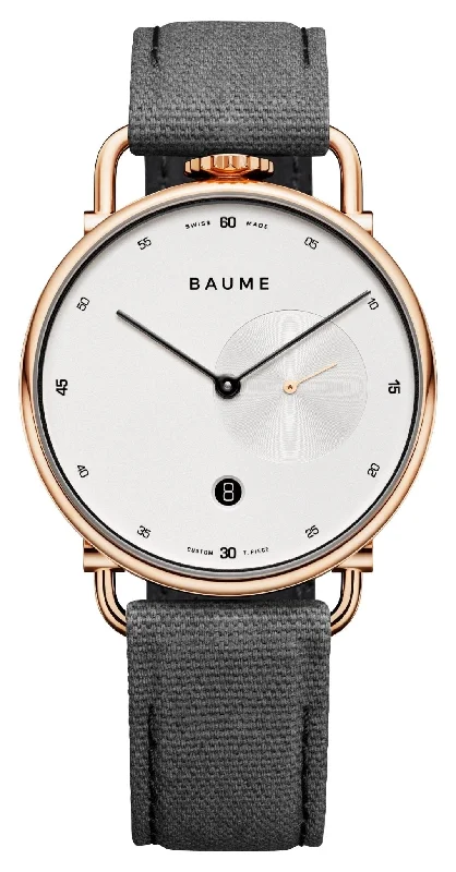 vintage pocket watches for men with engraved designs-Baume & Mercier Baume Rose Gold PVD Silver Dial Gray Cotton Strap Date Quartz Mens Watch M0A10600