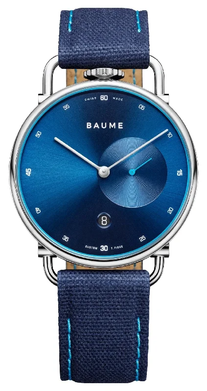 watches with shockproof casing for sports use-Baume & Mercier Baume Stainless Steel Blue Dial Blue Cotton Strap Date Quartz Mens Watch M0A10601