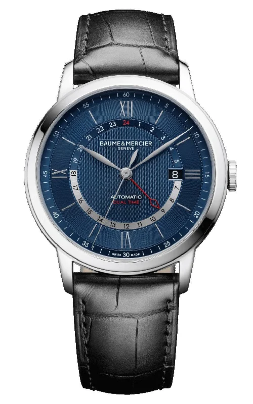 watches for hiking with GPS and altimeter-Baume & Mercier Classima Automatic GMT Steel Blue Dial Date Black Leather Strap Mens Watch M0A10482