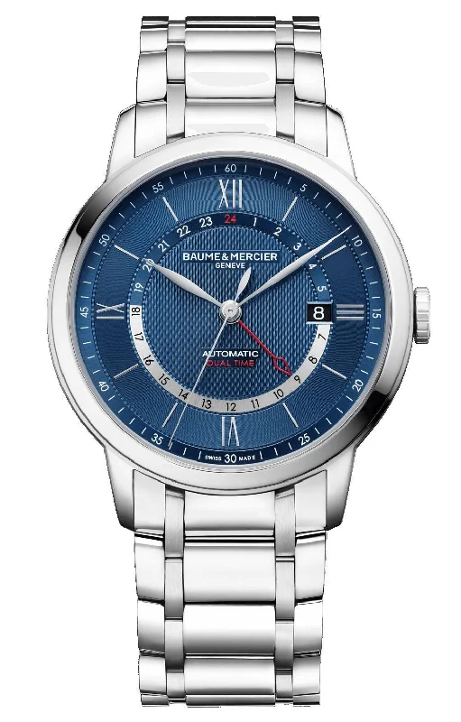 luxury watches for investment purposes-Baume & Mercier Classima Automatic GMT Stainless Steel Blue Dial Date Mens Watch M0A10483