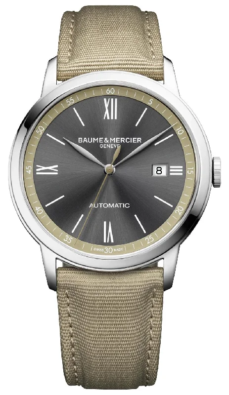 casual watches for everyday wear-Baume & Mercier Classima Automatic Stainless Steel Gray Dial Beige Textile Strap Date Mens Watch M0A10695