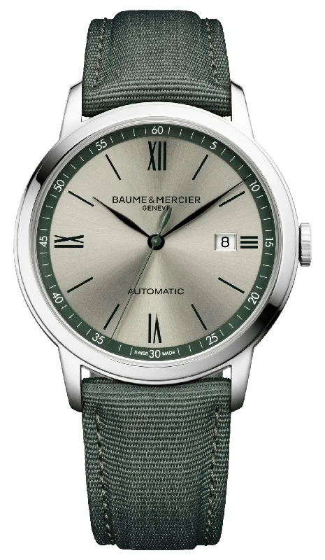 smartwatches with built-in compass for hiking-Baume & Mercier Classima Automatic Stainless Steel Gray Dial Green Textile Strap Date Mens Watch M0A10696