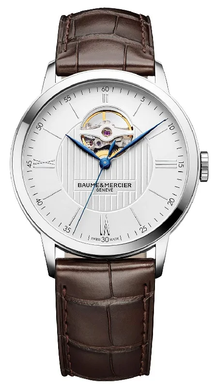 luxury watches with platinum case-Baume & Mercier Classima Core Automatic Steel Silver Dial Brown Leather Mens Watch M0A10274