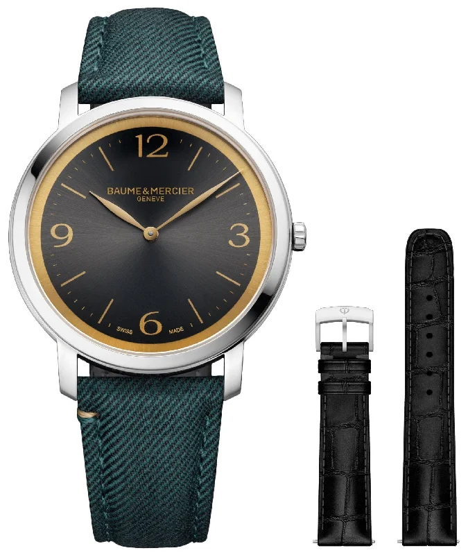 classic men’s watches with leather band-Baume & Mercier Classima Stainless Steel Gray Dial Green Fabric Interchangeable Black Leather Strap Quartz Mens Watch M0A10704