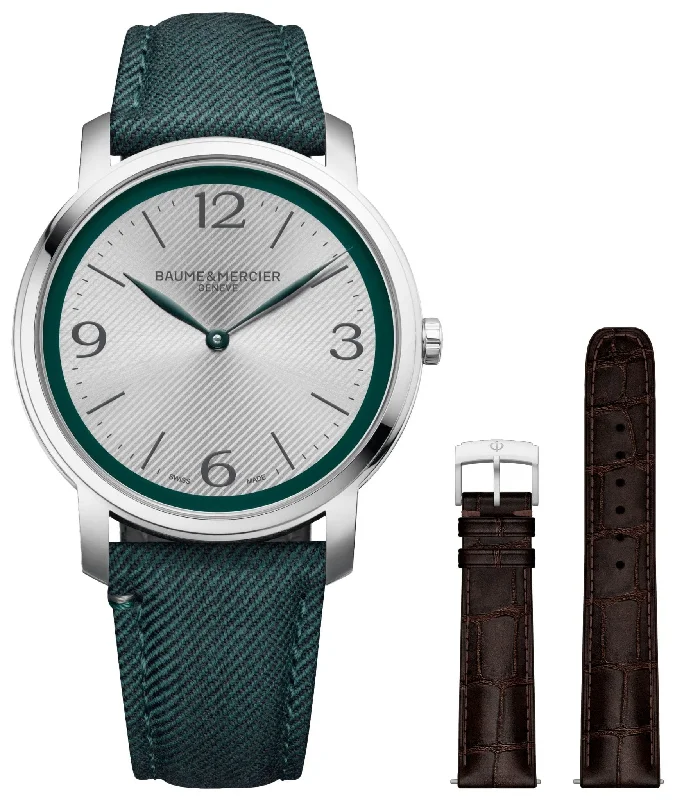 watches with moon phase complication for collectors-Baume & Mercier Classima Stainless Steel Silver Dial Green Fabric Interchangeable Brown Leather Strap Quartz Mens Watch M0A10705