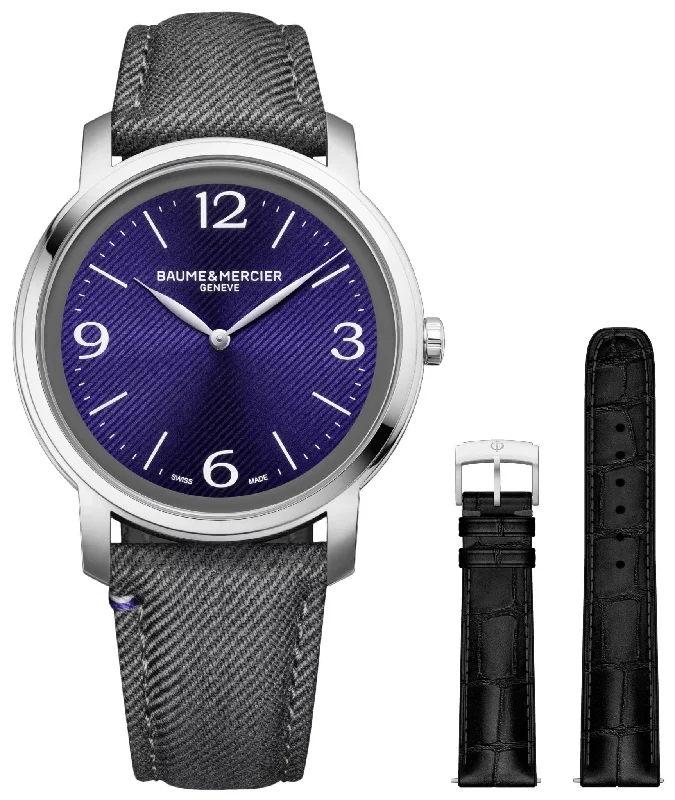 high-tech fitness watches with body composition analysis-Baume & Mercier Classima Stainless Steel Violet Dial Gray Fabric Interchangeable Black Leather Strap Quartz Mens Watch M0A10706