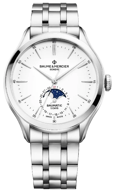 luxury watches with gemstone accents-Baume & Mercier Clifton Baumatic Automatic Stainless Steel White Dial Moonphase Date Mens Watch M0A10552