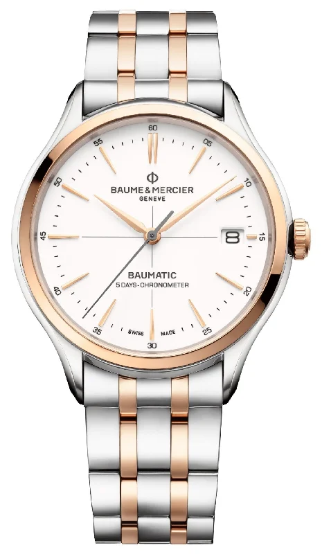 classic women’s watches with gold-tone finish-Baume & Mercier Clifton Baumatic COSC Automatic 18K Rose Gold & Steel White Dial Date Mens Watch M0A10458