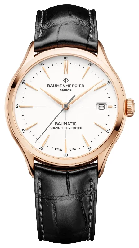 men’s watches with silicone band for comfort-Baume & Mercier Clifton Baumatic COSC Automatic 18K Rose Gold White Dial Black Leather Strap Date Mens Watch M0A10469