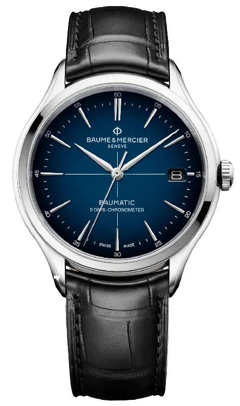 smartwatches for men with voice control-Baume & Mercier Clifton Baumatic COSC Automatic Blue Dial Steel Black Leather Mens Watch M0A10467