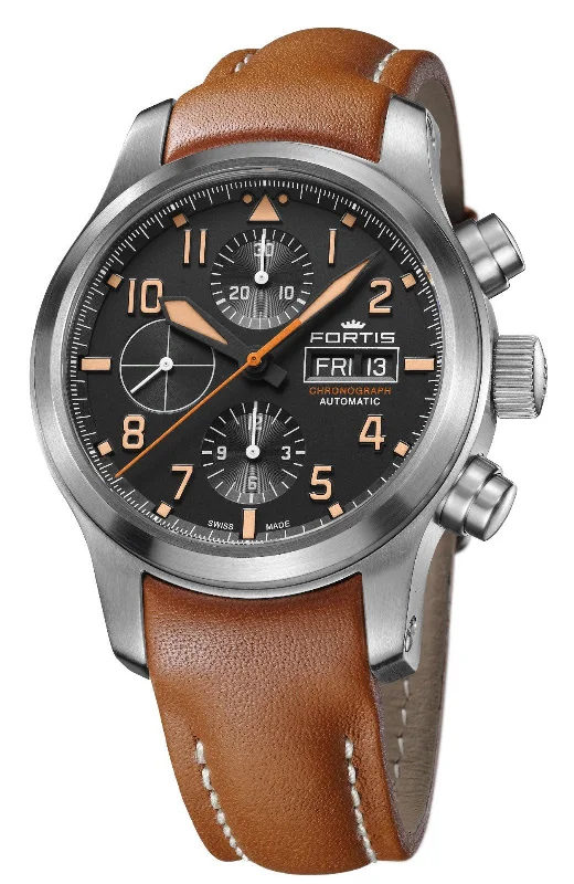 watches with customizable watch face designs-Fortis Aeromaster Automatic Chronograph Stainless Steel Black Dial Brown Leather Strap Day/Date Divers Mens Watch F4040001