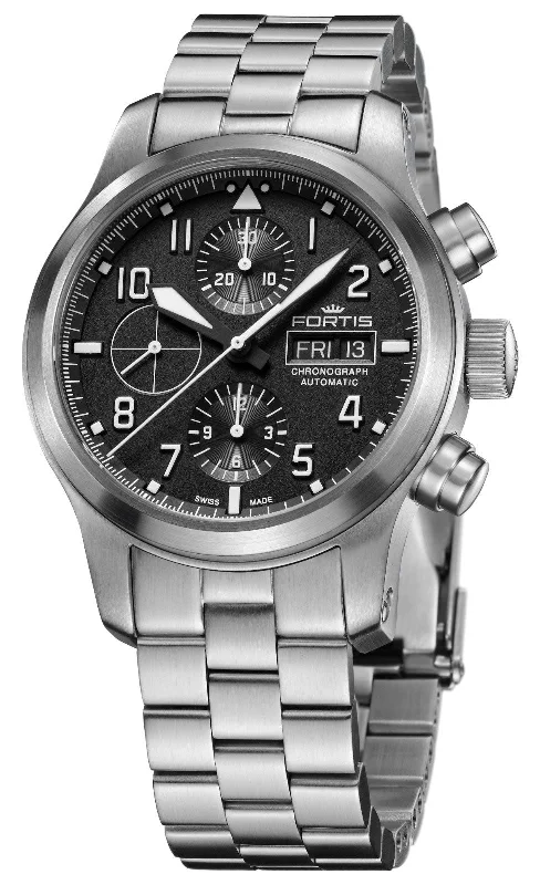 fitness watches with accurate step counting function-Fortis Aeromaster Automatic Chronograph Stainless Steel Black Dial Day/Date Divers Mens Watch F4040000