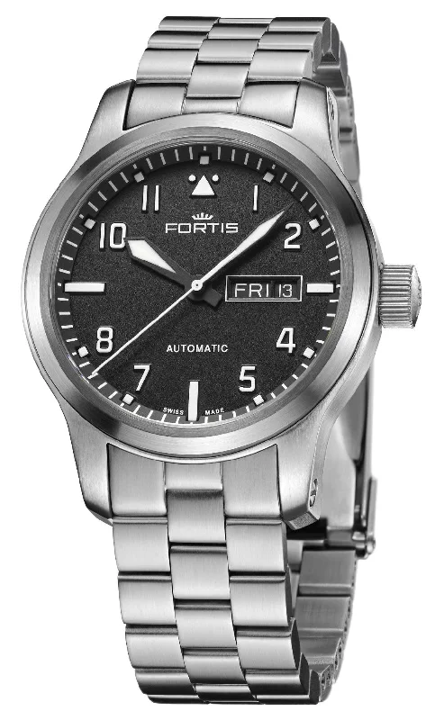 watches for men with sporty design for active lifestyle-Fortis Aeromaster Automatic Stainless Steel Black Dial Day/Date Divers Mens Watch F4020008