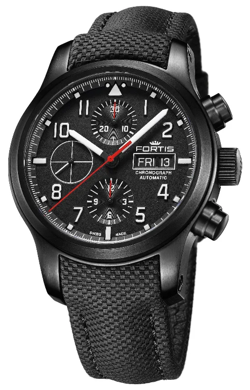 watches for diving with high water pressure tolerance-Fortis Aeromaster Professional Automatic Chronograph Black PVD Black Dial Black Textile Strap Day/Date Divers Mens Watch F4040002